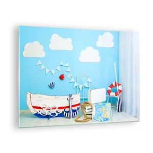 Tablou pe sticlă - Scenă marină decorativă cu o barcă și recuzită nautică - 70x50cm - Dorința copilărească de aventură - Decorațiune modernă pentru perete pentru living și dormitor ARTTOR