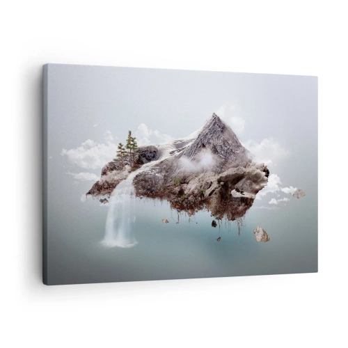 Tablou pe pânză Canvas - Un munte suprarealist plutind printre nori cu o cascadă - 70x50cm - Prin ochii unui suprarealist - Decorațiune modernă pentru perete pentru living și dormitor ARTTOR