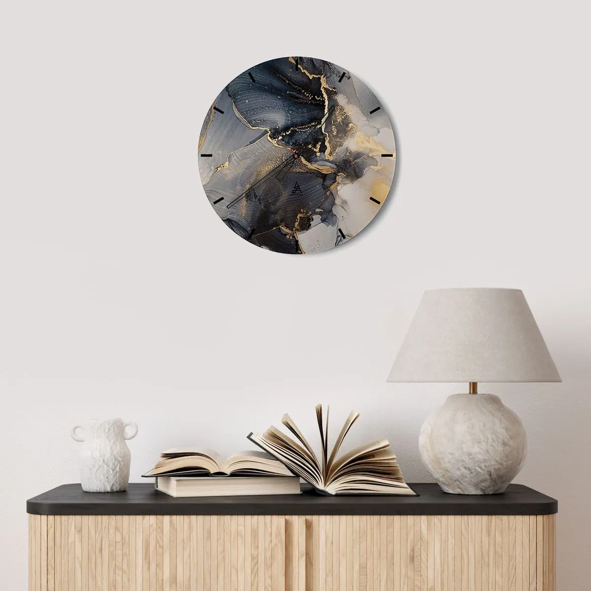Ceas de perete - Ceas pe sticlă - Modele abstracte întunecate cu accente aurii pe sticlă - 30x30cm - Viața unei pietre - Decorațiune modernă pentru perete pentru living, bucătărie și dormitor ARTTOR