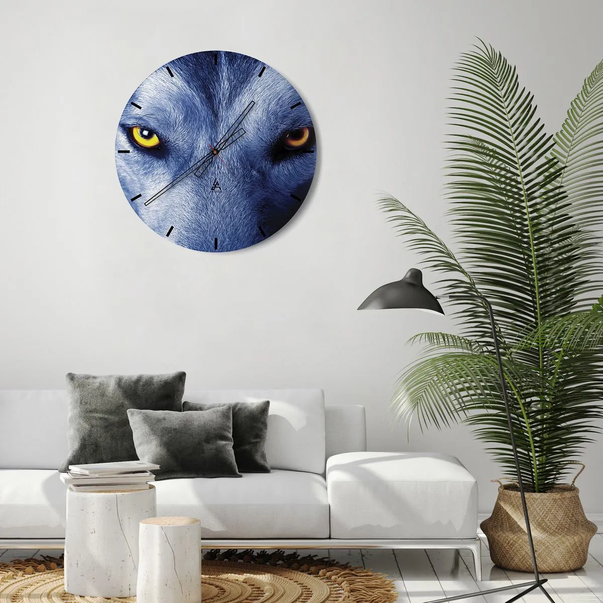 Ceas de perete - Ceas pe sticlă - Ochi de lup în culori reci - 30x30cm - O privire hipnotizantă - Decorațiune modernă pentru perete pentru living, bucătărie și dormitor ARTTOR