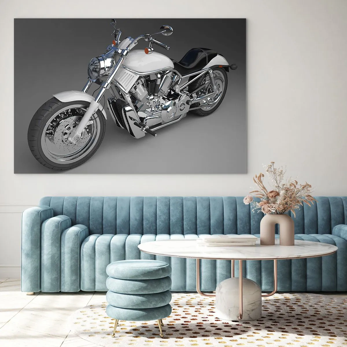 Tablou pe sticlă - O motocicletă elegantă pe un fundal gri cu o notă modernă - 70x50cm - Te face să vrei să îngenunchezi - Decorațiune modernă pentru perete pentru living și dormitor ARTTOR