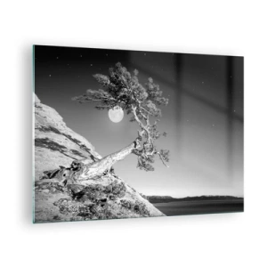 Tablou pe sticlă - Un copac aplecat pe o coastă de deal, cu luna în fundal - 70x50cm - Războinicul victorios - Decorațiune modernă pentru perete pentru living și dormitor ARTTOR