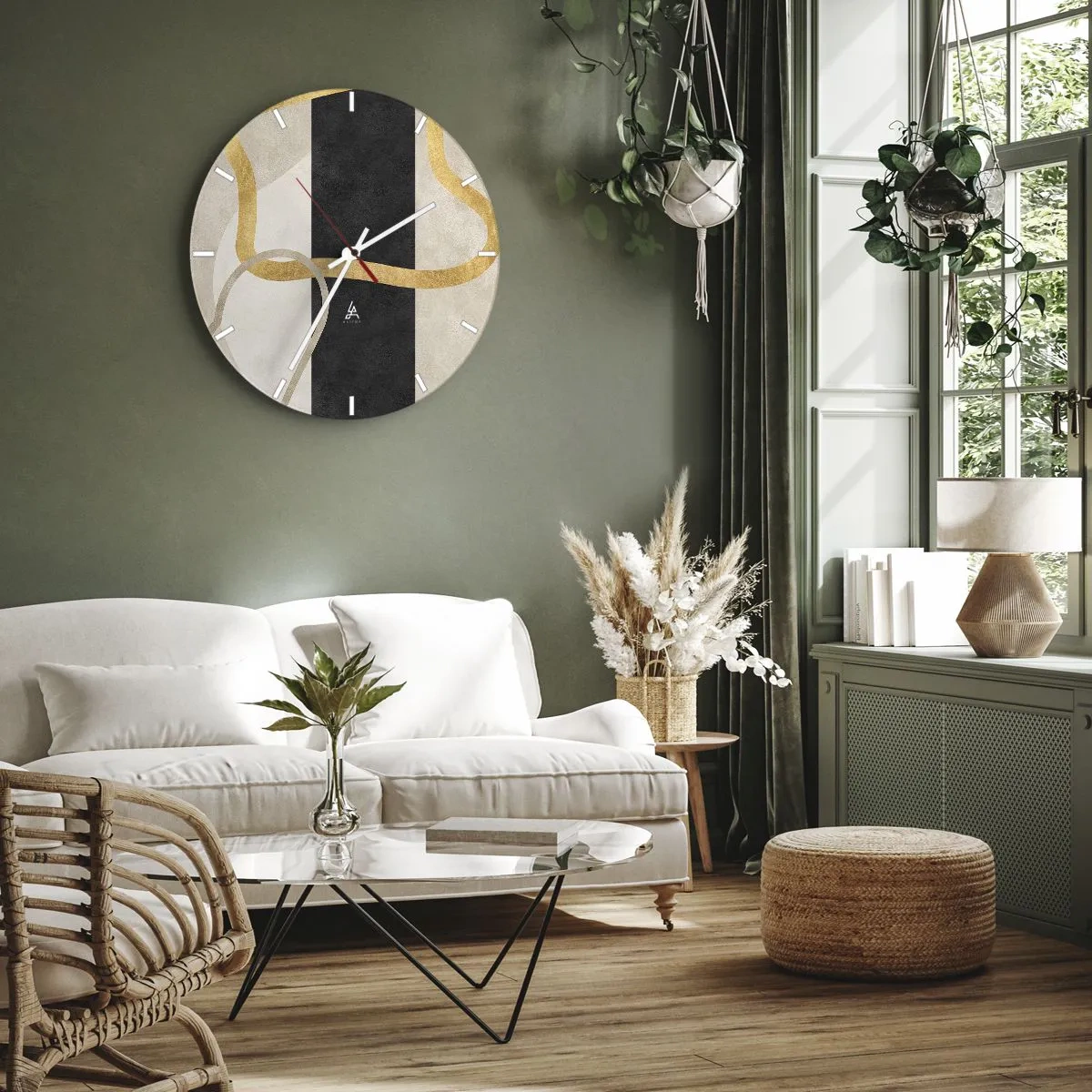 Ceas de perete - Ceas pe sticlă - Linii aurii pe o dungă neagră și forme bej - 30x30cm - Forme înbuclite - Decorațiune modernă pentru perete pentru living, bucătărie și dormitor ARTTOR