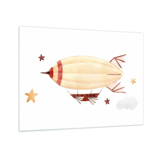 Tablou pe sticlă - Un dirijabil de desene animate printre stele pe un fundal alb - 70x50cm - Aeronava - Decorațiune modernă pentru perete pentru living și dormitor ARTTOR