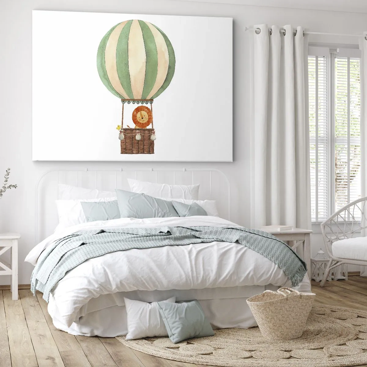 Tablou pe pânză Canvas - Un balon cu un leu zâmbitor într-un coș în culori pastelate - 70x50cm - Călătoriile lui Leon - Decorațiune modernă pentru perete pentru living și dormitor ARTTOR