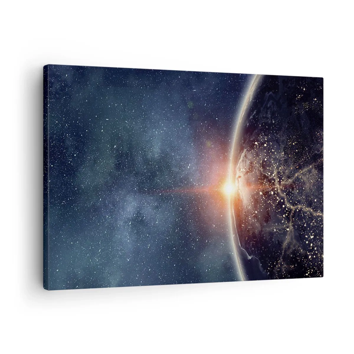 Tablou pe pânză Canvas - Pământul văzut din spațiu cu soarele răsărind - 70x50cm - Într-o nouă perspectivă - Decorațiune modernă pentru perete pentru living și dormitor ARTTOR