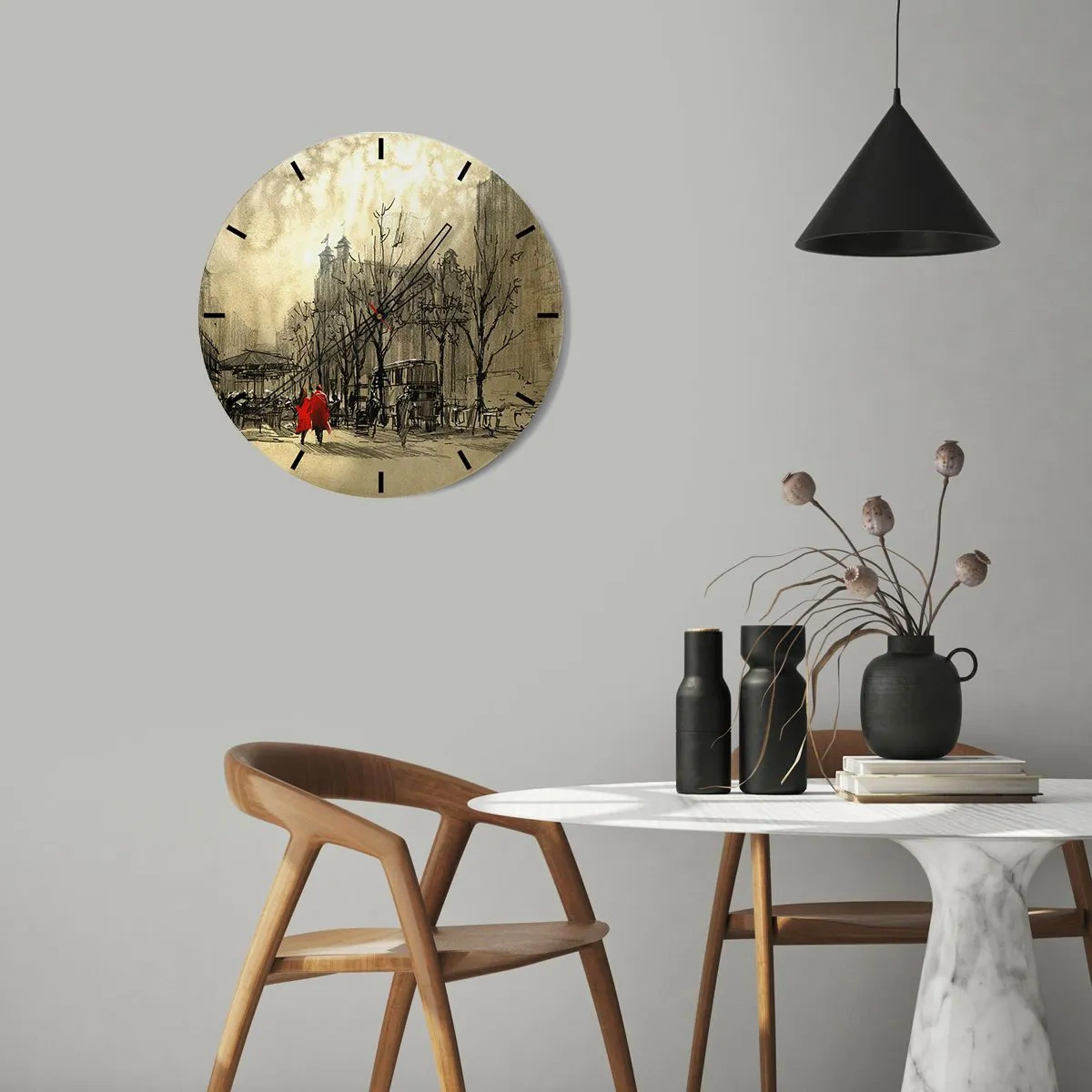 Ceas de perete - Ceas pe sticlă - Un motiv stradal de desene animate cu două figuri - 30x30cm - O întâlnire în ceața londoneză - Decorațiune modernă pentru perete pentru living, bucătărie și dormitor ARTTOR