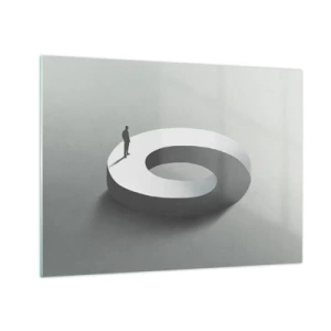 Tablou pe sticlă - O siluetă minimalistă a unui bărbat pe un inel alb - 70x50cm - Înțelegi ceva? - Decorațiune modernă pentru perete pentru living și dormitor ARTTOR