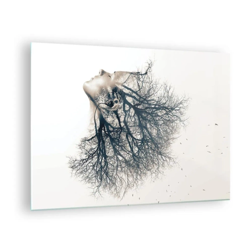 Tablou pe sticlă - Silueta unei femei cu crengi pe post de păr - 70x50cm - Ascultând șoapta copacului - Decorațiune modernă pentru perete pentru living și dormitor ARTTOR