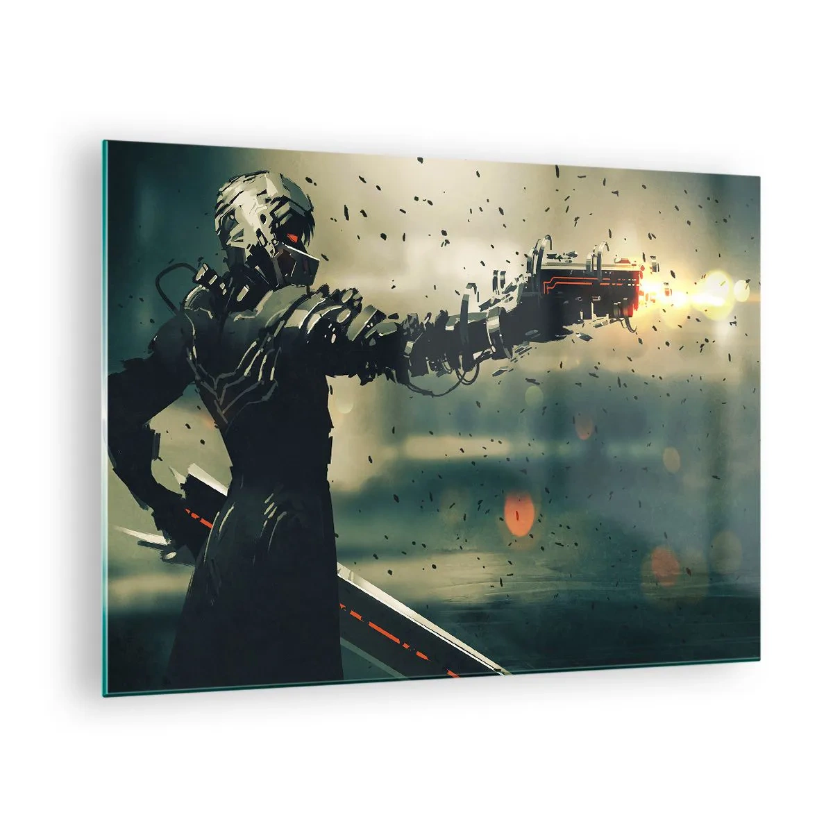Tablou pe sticlă - Un războinic cibernetic în stil futurist cu arme energetice - 70x50cm - Armă letală - propriul tău Terminator - Decorațiune modernă pentru perete pentru living și dormitor ARTTOR