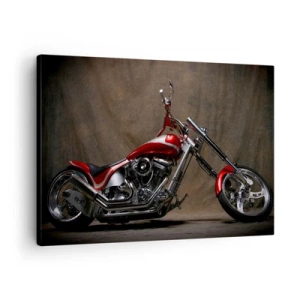 Tablou pe pânză Canvas - Motocicletă personalizată roșie pe un fundal de material textil maro - 70x50cm - Frumusețea în roșu și argintiu - Decorațiune modernă pentru perete pentru living și dormitor ARTTOR