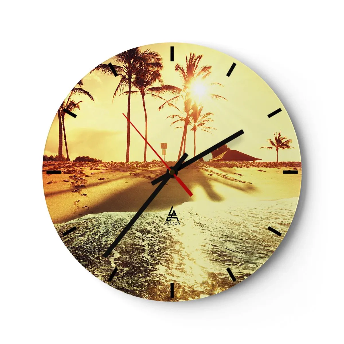 Ceas de perete - Ceas pe sticlă - Un cadran de ceas cu motiv de plajă în lumina soarelui apus - 30x30cm - California după-amiază - Decorațiune modernă pentru perete pentru living, bucătărie și dormitor ARTTOR
