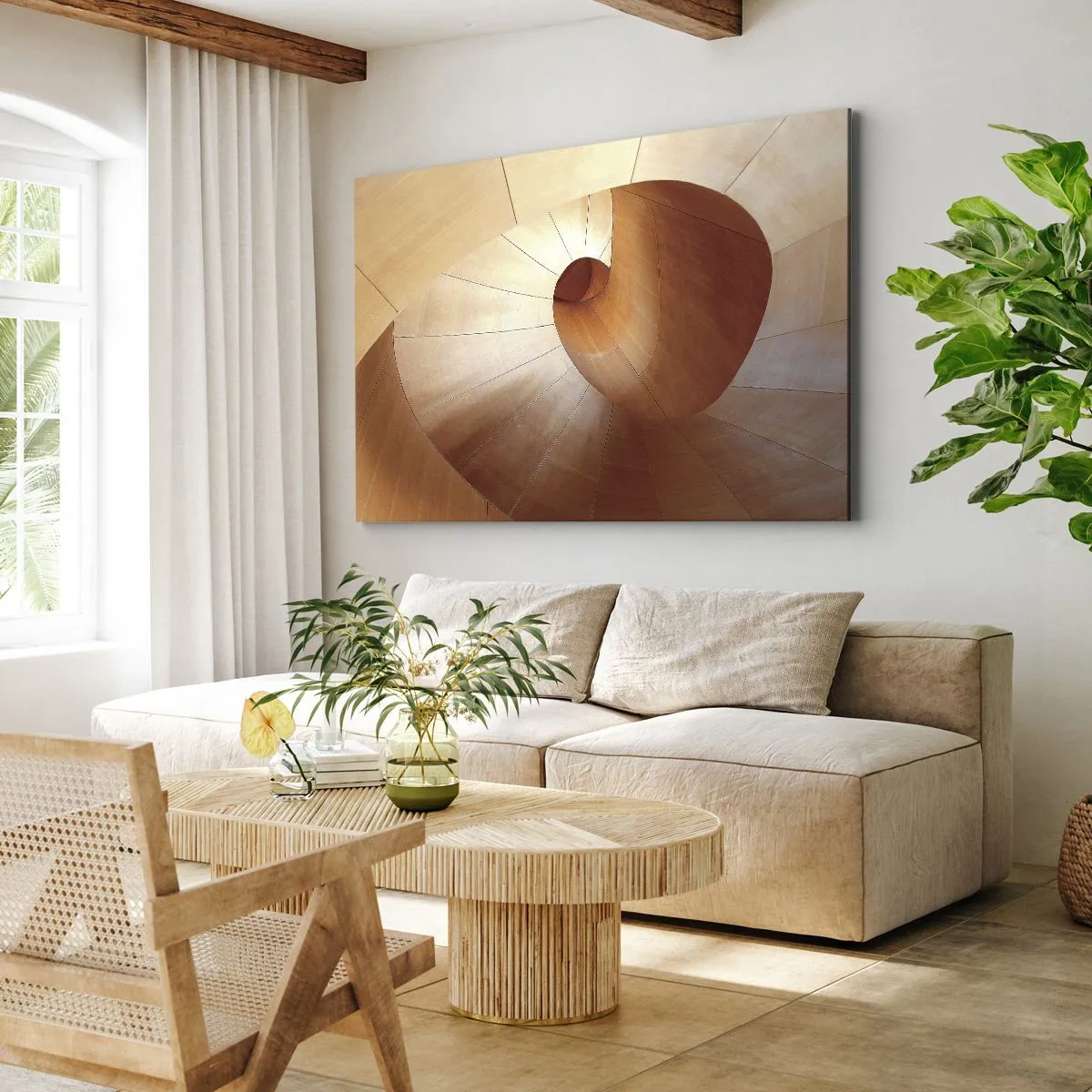 Tablou pe pânză Canvas - Spirală abstractă în nuanțe de lemn și maro deschis - 70x50cm - Serpentină arhitecturală - Decorațiune modernă pentru perete pentru living și dormitor ARTTOR