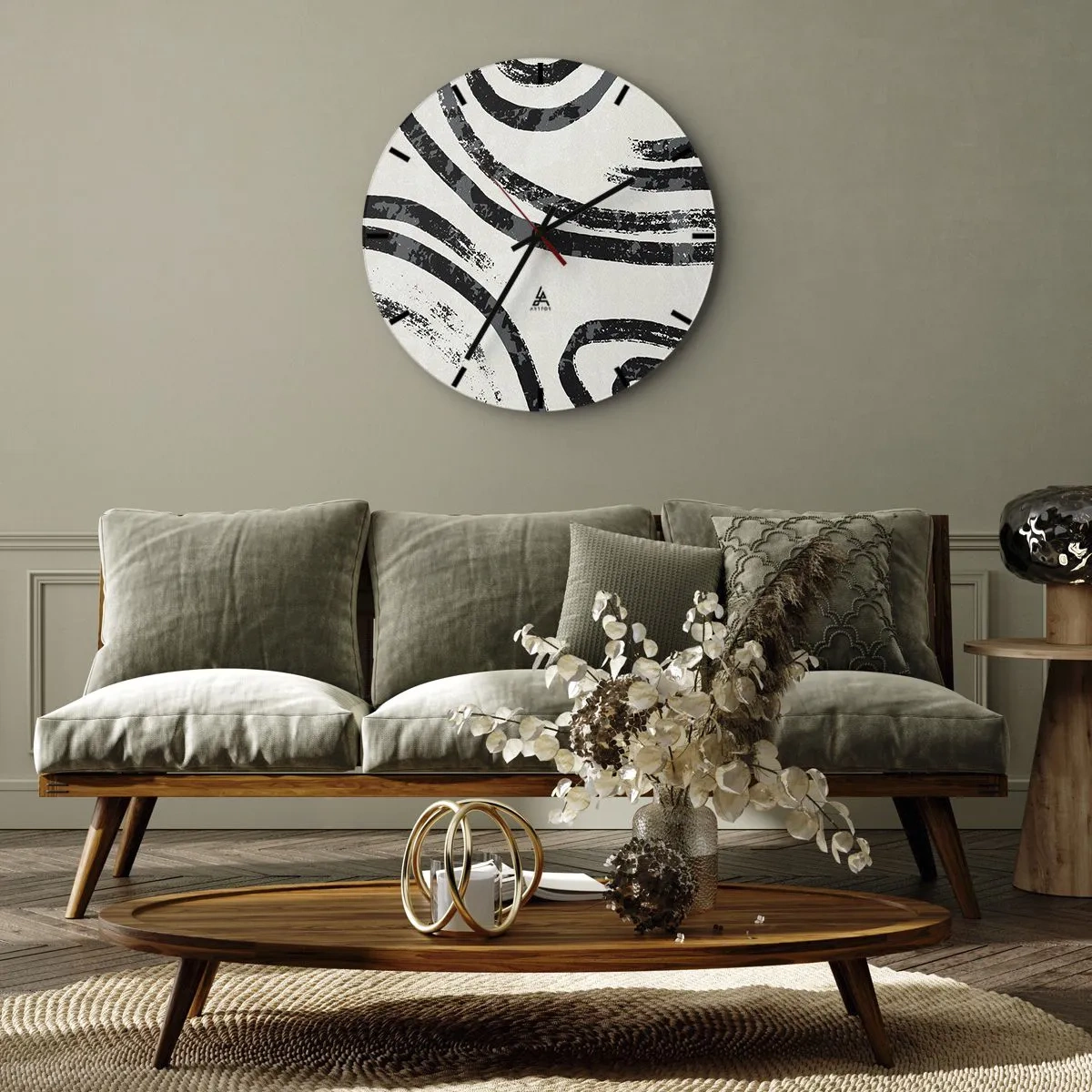 Ceas de perete - Ceas pe sticlă - Arcuri negre și gri pe un fundal deschis, într-un stil minimalist - 30x30cm - Pe jumătate oprit - Decorațiune modernă pentru perete pentru living, bucătărie și dormitor ARTTOR