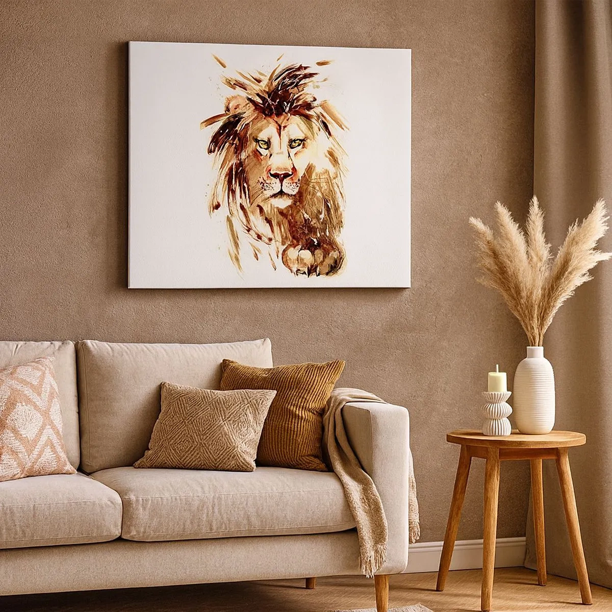 Tablou pe pânză Canvas - Portret în acuarelă al unui leu cu detalii intense - 70x50cm - Putere și demnitate - Decorațiune modernă pentru perete pentru living și dormitor ARTTOR