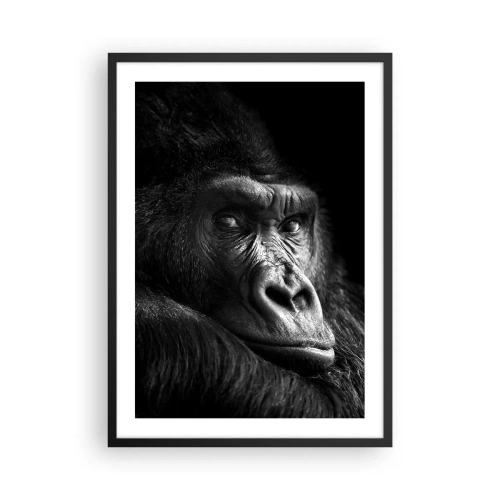 Poster în ramă neagră - Portretul unei gorile pe un fundal negru, în detalii vii - 50x70cm - Și la ce te uiți? - Decorațiune modernă pentru perete pentru living și dormitor ARTTOR