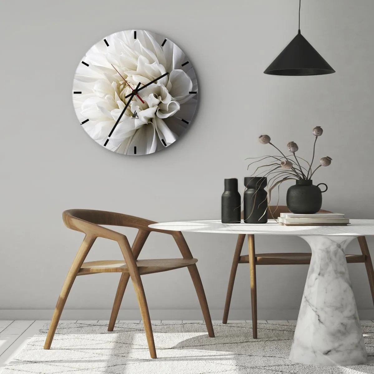 Ceas de perete - Ceas pe sticlă - O floare albă delicată cu un prim-plan al petalelor - 30x30cm - Dimineața miresei - Decorațiune modernă pentru perete pentru living, bucătărie și dormitor ARTTOR