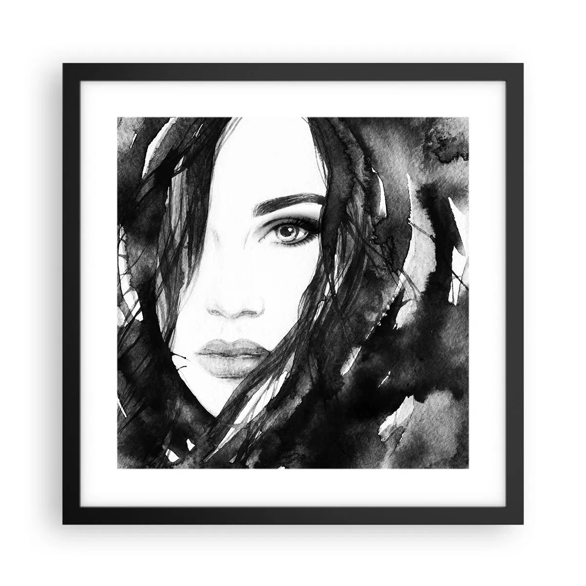 Poster în ramă neagră - Studiu unei dame în alb și negru - 40x40 cm