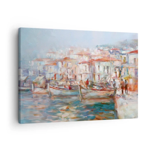 Tablou pe pânză Canvas - Impresie de port cu bărci și clădiri - 70x50cm - Vacanță pastelată - Decorațiune modernă pentru perete pentru living și dormitor ARTTOR