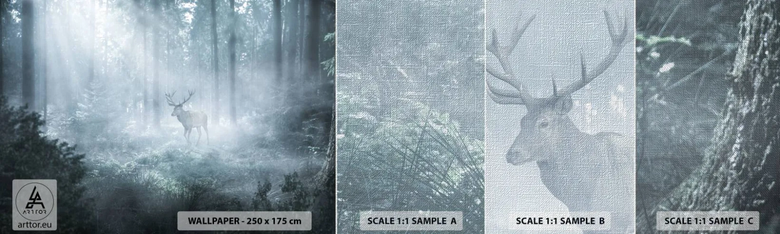 Mostră tapet Premium Canvas - Plimbarea de dimineață prin regat - Peisaj, pădure, Cerb - 100x30 cm
