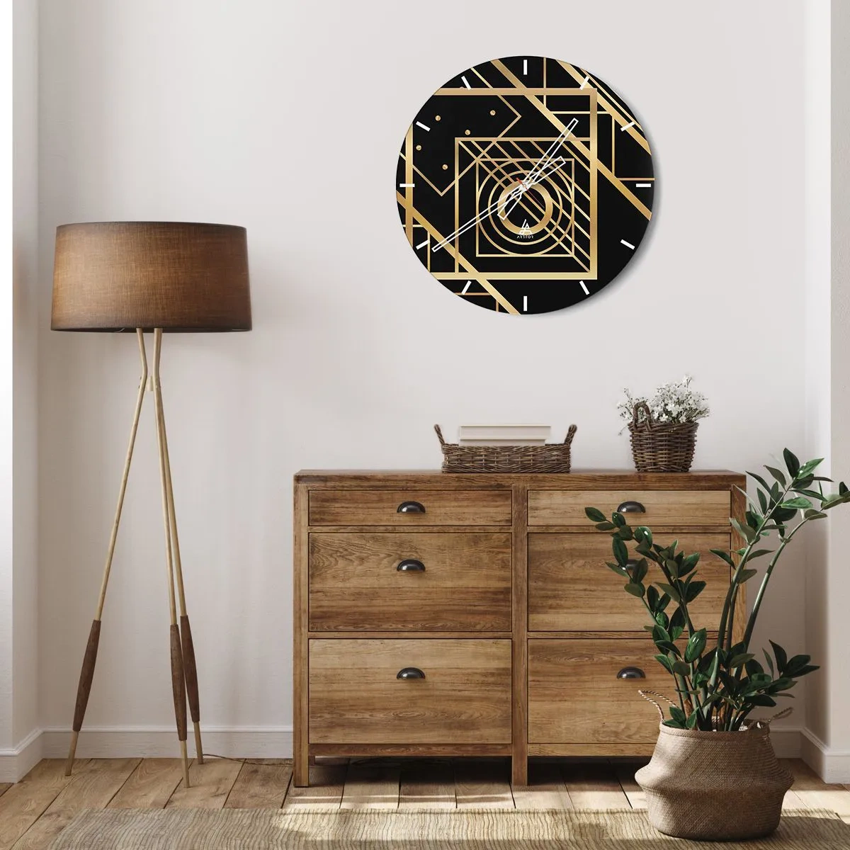 Ceas de perete - Ceas pe sticlă - Model geometric auriu pe fundal negru - 30x30cm - Geometrie de aur - Decorațiune modernă pentru perete pentru living, bucătărie și dormitor ARTTOR