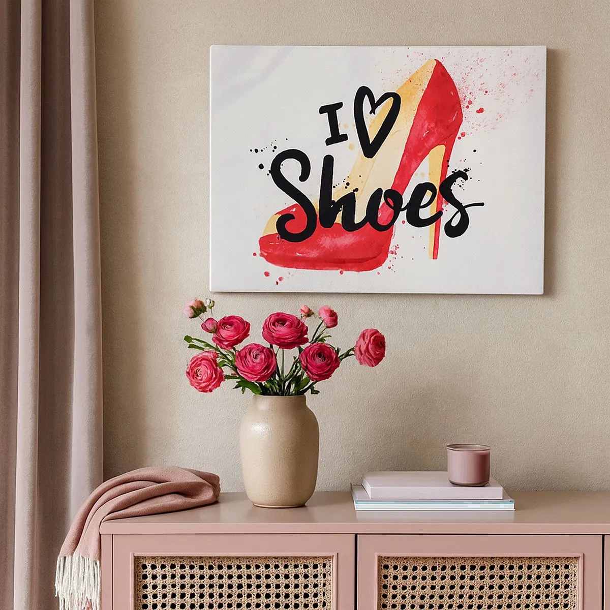 Tablou pe pânză Canvas - Stiletto roșu cu inscripția „I love Shoes” pe fundal alb - 70x50cm - Dragostea are mai multe nume - Decorațiune modernă pentru perete pentru living și dormitor ARTTOR