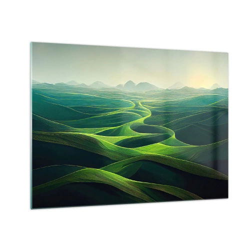 Tablou pe sticlă - Dealuri și văi verzi iluminate de razele soarelui - 70x50cm - În văi verzi - Decorațiune modernă pentru perete pentru living și dormitor ARTTOR