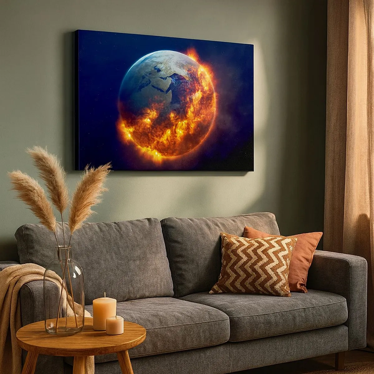 Tablou pe pânză Canvas - Planeta Pământ în flăcări în spațiul cosmic - 70x50cm - Flacăra apocalipsei - Decorațiune modernă pentru perete pentru living și dormitor ARTTOR