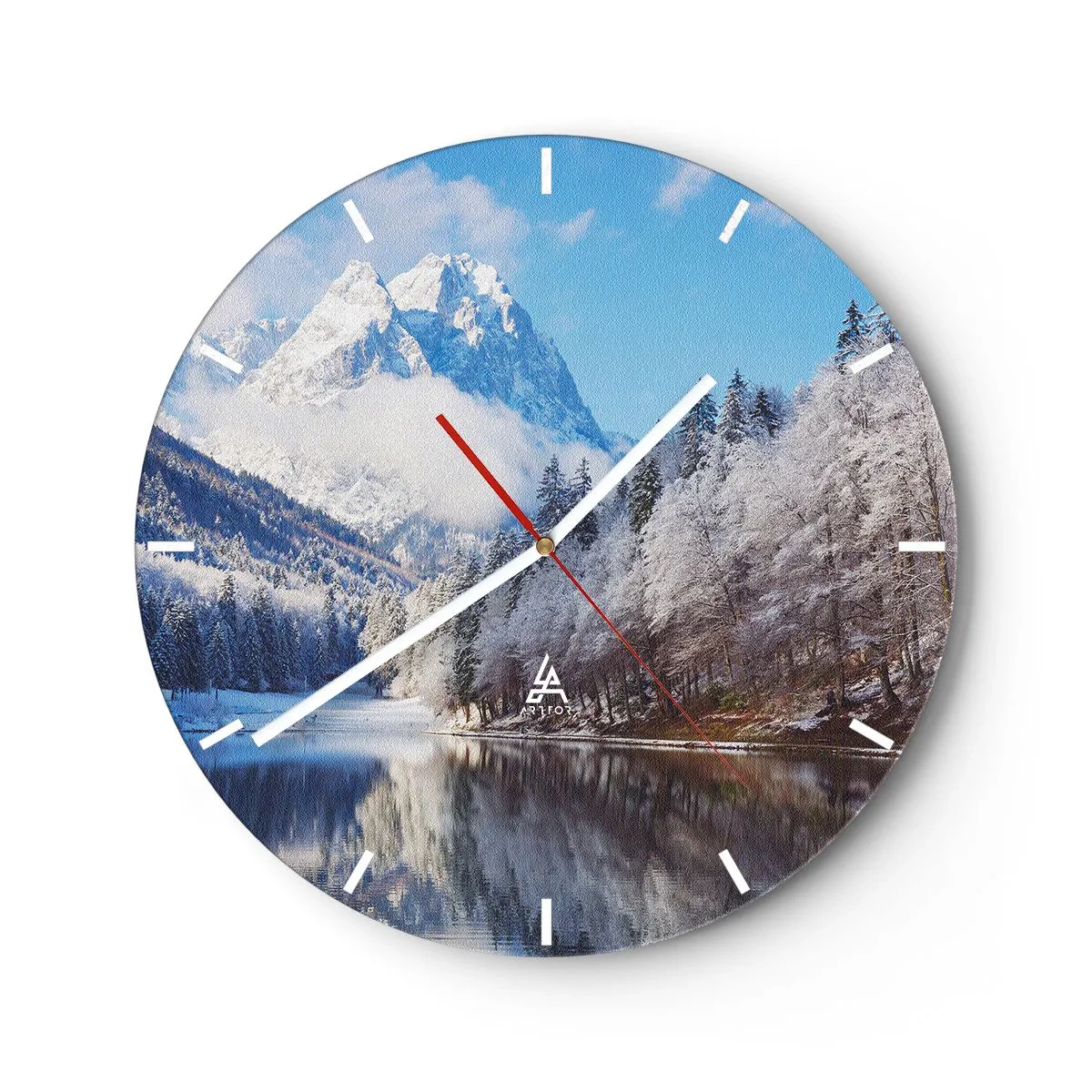 Ceas de perete - Ceas pe sticlă - Munții de iarnă reflectați într-un lac liniștit - 30x30cm - Veghe de zăpadă - Decorațiune modernă pentru perete pentru living, bucătărie și dormitor ARTTOR