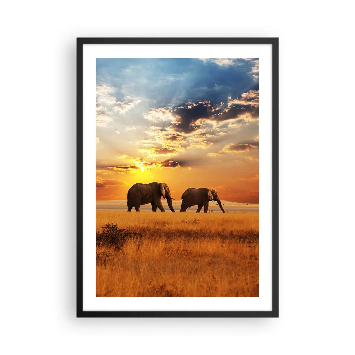 Poster în ramă neagră - Elefanți mergând în strălucirea soarelui care apune - 50x70cm - Plimbare în familie - Decorațiune modernă pentru perete pentru living și dormitor ARTTOR