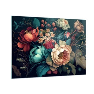 Tablou pe sticlă - Buchet de flori vintage pe un fundal închis - 70x50cm - Farmecul secolului al XIX-lea - Decorațiune modernă pentru perete pentru living și dormitor ARTTOR
