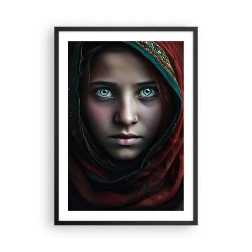 Poster în ramă neagră - Portretul unei fete într-un șal roșu cu ochi hipnotizanți - 50x70cm - Prințesa orientală - Decorațiune modernă pentru perete pentru living și dormitor ARTTOR