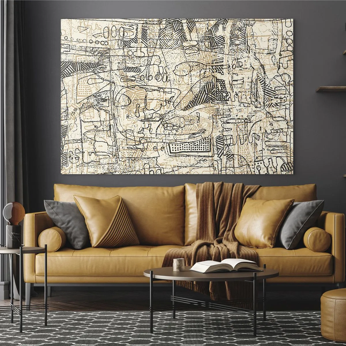 Tablou pe sticlă - O structură abstractă complexă cu modele geometrice și schițate. - 70x50cm - Așteaptă să fie descifrat - Decorațiune modernă pentru perete pentru living și dormitor ARTTOR