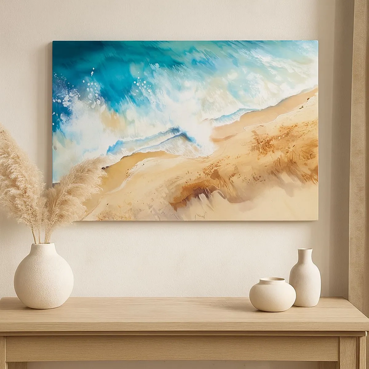 Tablou pe pânză Canvas - Un val de mare izbindu-se de țărmul nisipos - 70x50cm - Unda de întoarcere - Decorațiune modernă pentru perete pentru living și dormitor ARTTOR