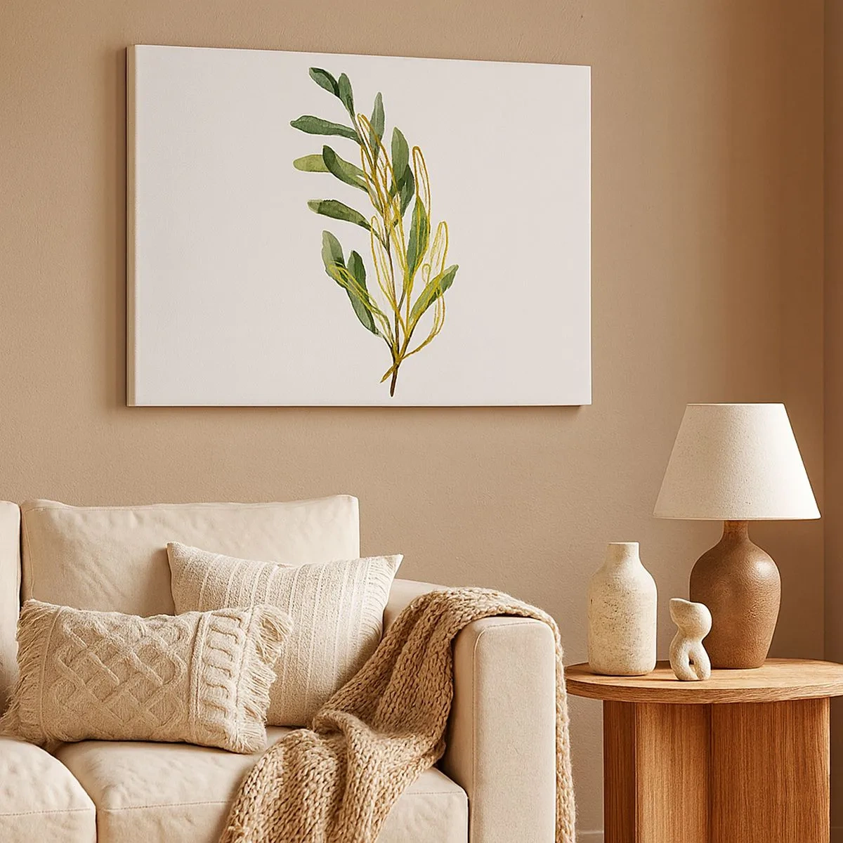 Tablou pe pânză Canvas - ramură verde cu frunze pe fundal alb - 70x50cm - Toate cele bune - Decorațiune modernă pentru perete pentru living și dormitor ARTTOR