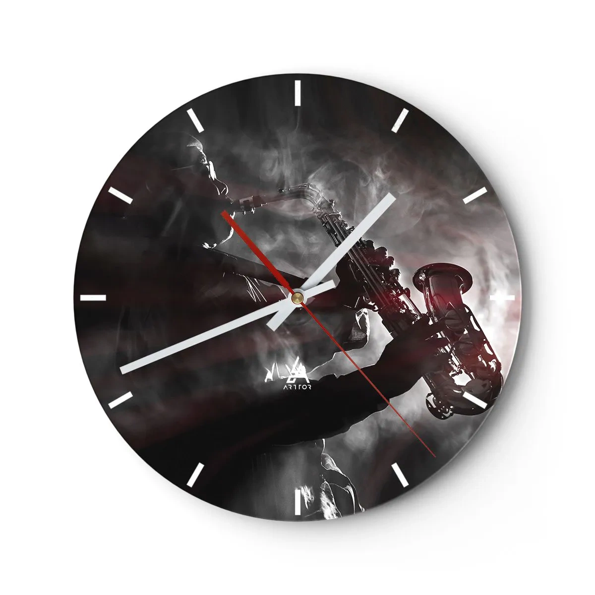 Ceas de perete - Ceas pe sticlă - Saxofonist în fum în stil alb-negru - 30x30cm - În aburul jazzului - Decorațiune modernă pentru perete pentru living, bucătărie și dormitor ARTTOR
