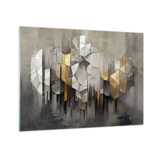 Tablou pe sticlă - Forme abstracte în nuanțe de gri, alb și auriu - 70x50cm - Compoziție de gheață și lumină - Decorațiune modernă pentru perete pentru living și dormitor ARTTOR