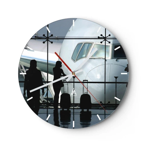 Ceas de perete - Ceas pe sticlă - Aeroport cu vedere la avion și pasageri - 30x30cm - Vis a vis la aeroport - Decorațiune modernă pentru perete pentru living, bucătărie și dormitor ARTTOR