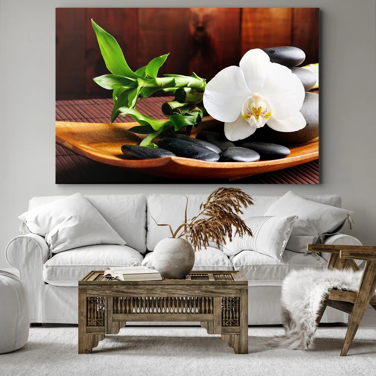 Tablou pe pânză Canvas - Orhidee albă cu bambus pe un fundal de piatră în stil Zen - 70x50cm - Lasă natura să te atingă - Decorațiune modernă pentru perete pentru living și dormitor ARTTOR