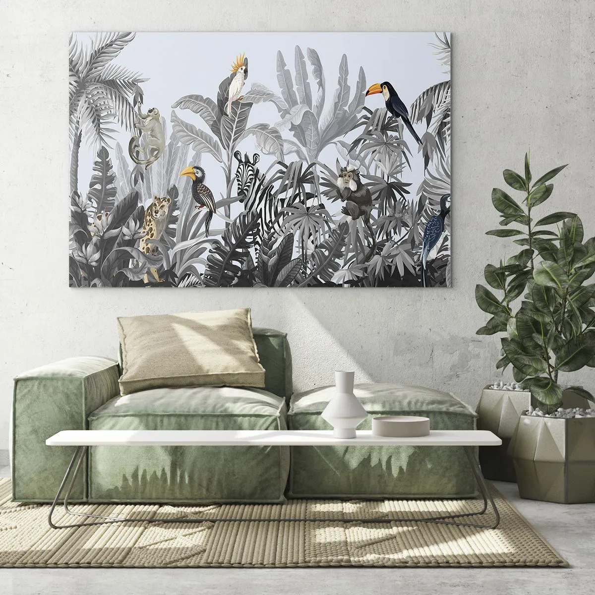 Tablou pe sticlă - Animale exotice într-o junglă alb-negru pe un fundal deschis - 70x50cm - O fabulă africană - Decorațiune modernă pentru perete pentru living și dormitor ARTTOR
