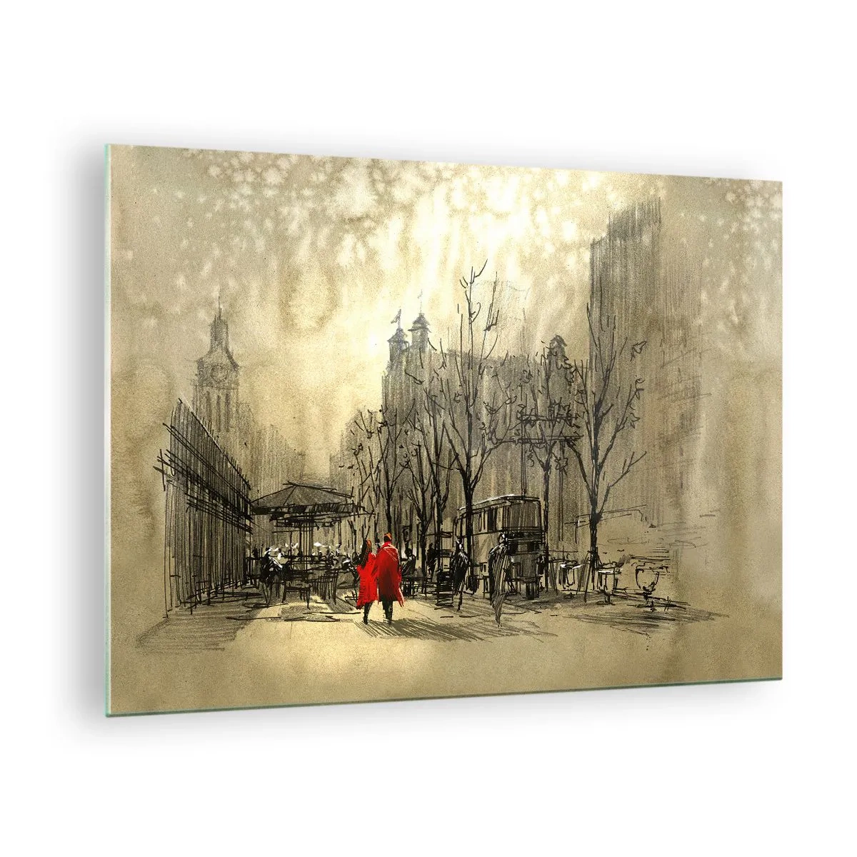 Tablou pe sticlă - O întâlnire în ceața londoneză cu un accent de haină roșie - 70x50cm - O întâlnire în ceața londoneză - Decorațiune modernă pentru perete pentru living și dormitor ARTTOR