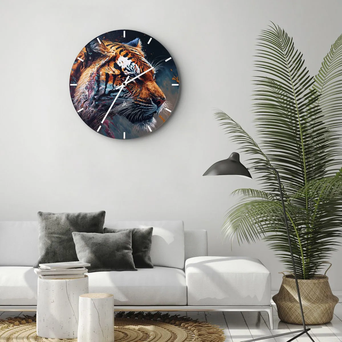 Ceas de perete - Ceas pe sticlă - Portretul unui tigru în culori intense cu accente picturale - 30x30cm - Frumusețe sălbatică - Decorațiune modernă pentru perete pentru living, bucătărie și dormitor ARTTOR