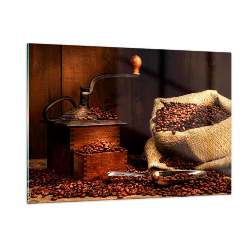Tablou pe sticlă - Natură moartă cu boabe de cafea și măcinător - 120x80 cm