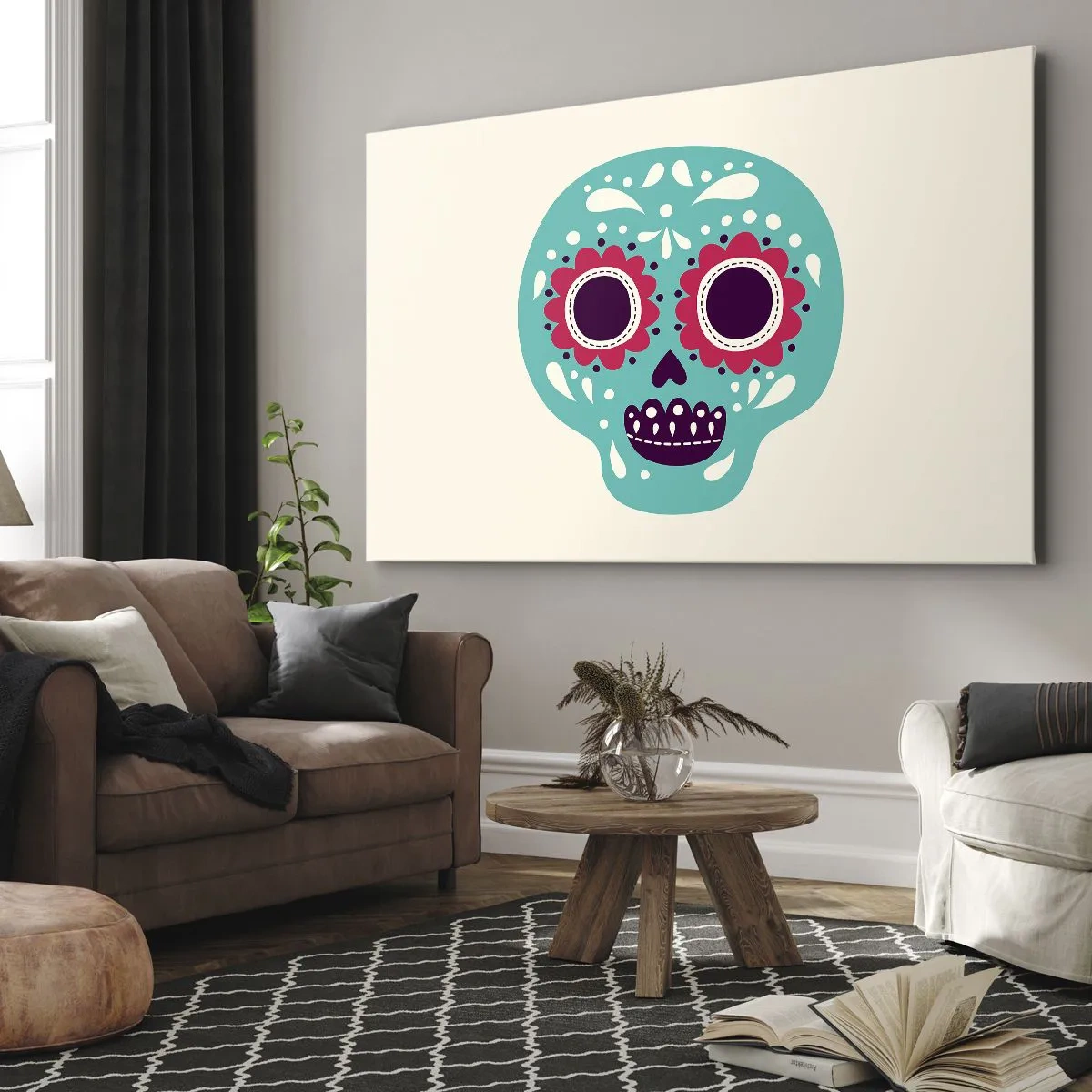 Tablou pe pânză Canvas - Un craniu de zahăr turcoaz și violet inspirat de cultura mexicană - 70x50cm - Viața - distracție până la moarte - Decorațiune modernă pentru perete pentru living și dormitor ARTTOR