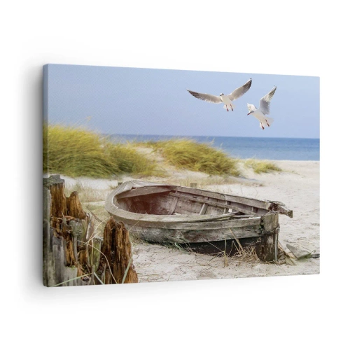 Tablou pe pânză Canvas - Barcă abandonată pe o plajă cu pescăruși - 70x50cm - Scăldate în vânt - Decorațiune modernă pentru perete pentru living și dormitor ARTTOR