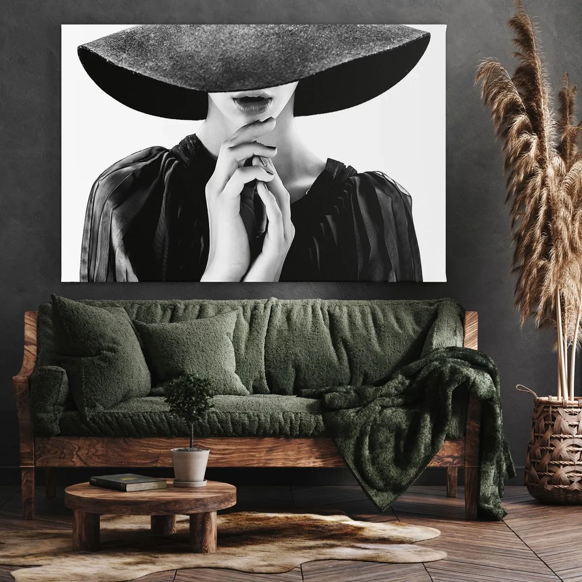 Tablou pe pânză Canvas - Femeie elegantă cu o pălărie mare în nuanțe de alb și negru - 70x50cm - Frumusețea ascunsă - Decorațiune modernă pentru perete pentru living și dormitor ARTTOR