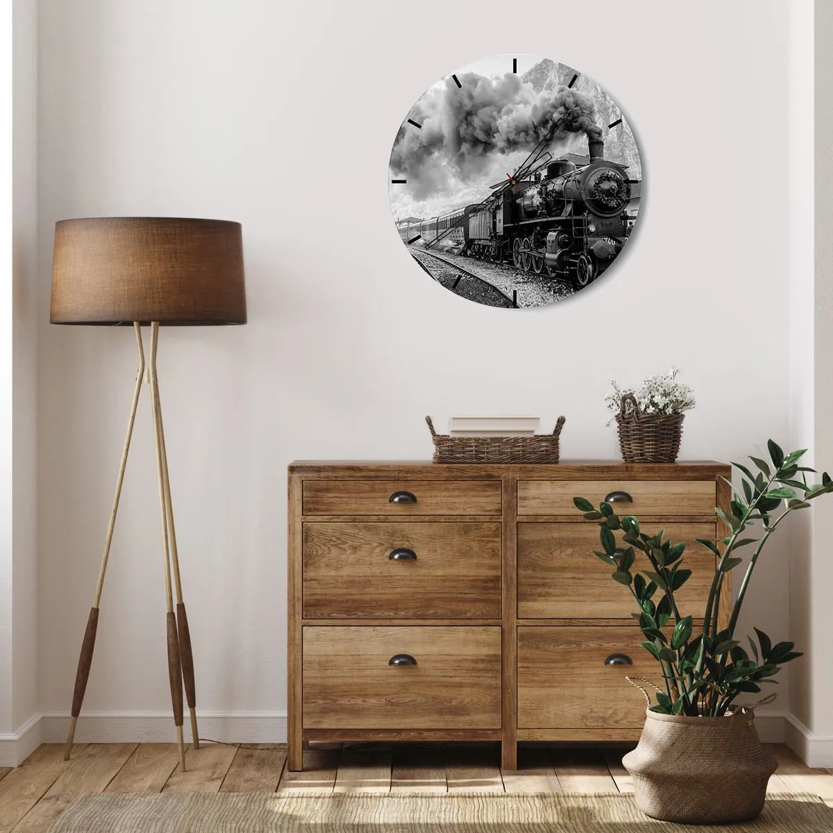 Ceas de perete - Ceas pe sticlă - O locomotivă cu aburi alb-negru cu un coș de fum - 30x30cm - La gară... - Decorațiune modernă pentru perete pentru living, bucătărie și dormitor ARTTOR
