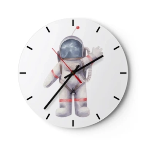 Ceas de perete - Ceas pe sticlă - Ilustrație a unui cosmonaut cu mâna ridicată pe un fundal alb - 30x30cm - Pe curând! - Decorațiune modernă pentru perete pentru living, bucătărie și dormitor ARTTOR