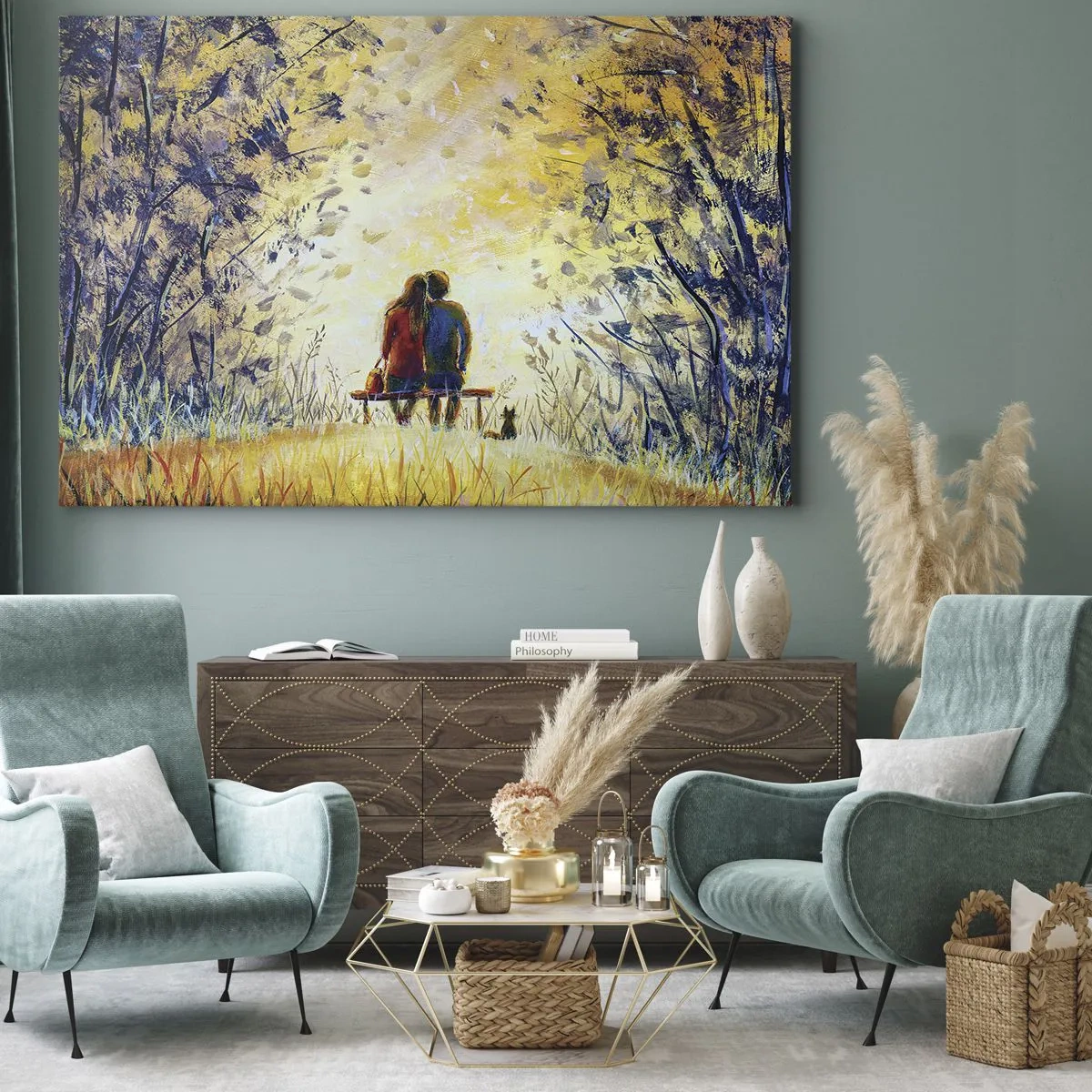 Tablou pe pânză Canvas - Un cuplu stând pe o bancă printre copacii de toamnă, în lumina soarelui - 70x50cm - Un moment magic - Decorațiune modernă pentru perete pentru living și dormitor ARTTOR