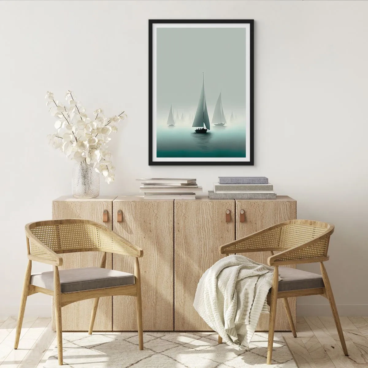 Poster în ramă neagră - Un grup de bărci cu pânze navigând pe o mare încețoșată, înconjurat de ape calme. - 50x70cm - Create din ceață - Decorațiune modernă pentru perete pentru living și dormitor ARTTOR